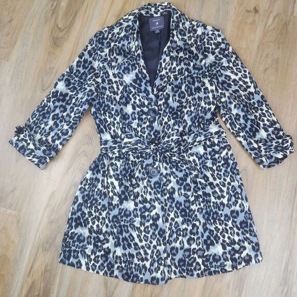 💜Forever 21 Gray & Cream Leopard Print Button & Belted Trench Jacket Large - Picture 1 of 14